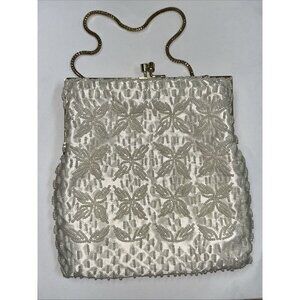 Vintage La Regale Hong Kong Ivory White Hand Beaded Evening Bag Purse Clutch